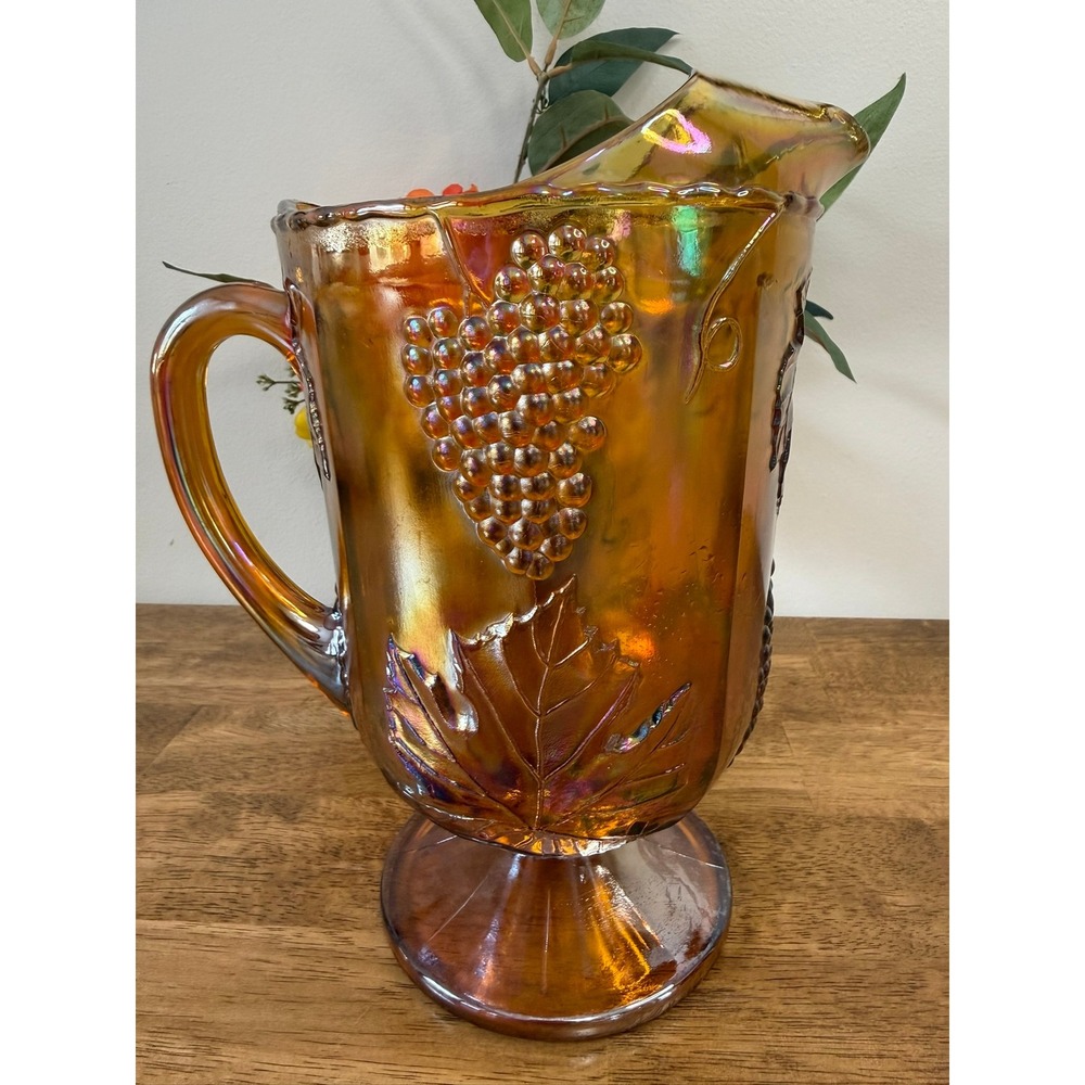 Indiana Glass Iridescent Amber Carnival Glass Large Grape Pedestal Pitcher Fall‎